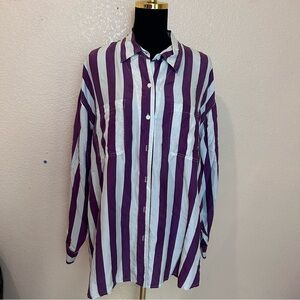 Vintage Silk Button Up Shirt Purple White Striped Oversized Pajama Top 2X